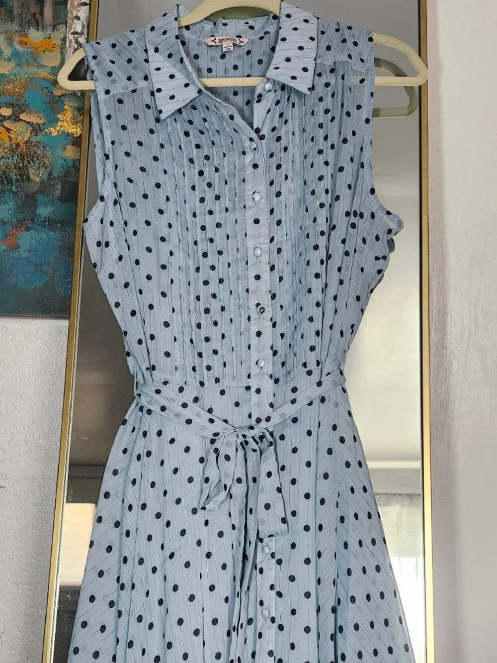 Light blue sleeveless pintuck polka dot dress - Picture 3 of 9